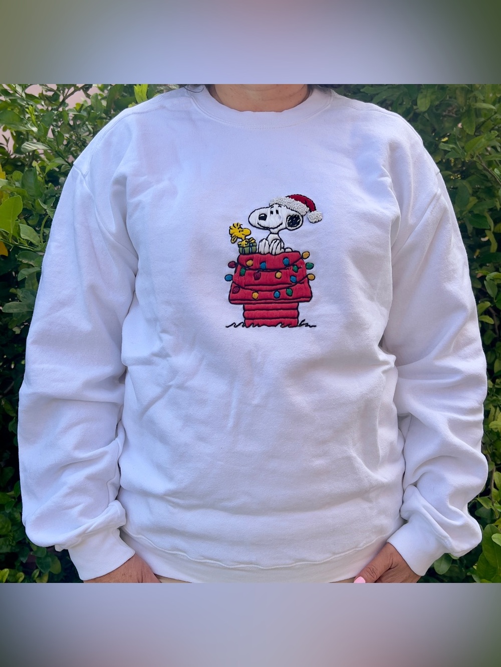 Hand Embroidered Snoopy Christmas sweatshirt | White Unisex Crewneck | Handmade - Picture 3 of 13